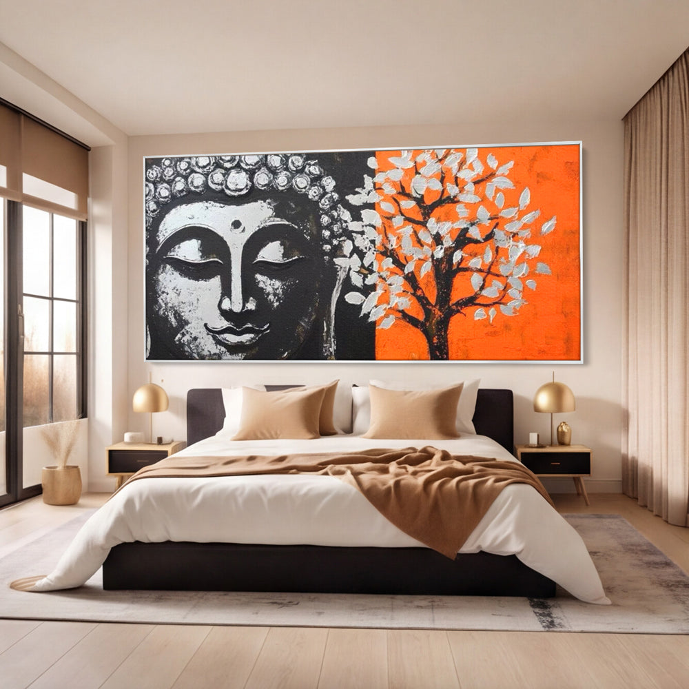 Tablou canvas cu tablou canvas cu capul lui buddha si un copac, in rama de aluminiu argintiu, pe perete intr-un dormitor